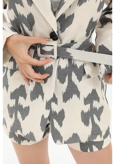 Kemerli Desenli Oversize Blazer Ceket - Siyah-siyah Siyah