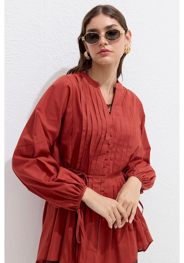 Nervür Detaylı Vual Tunik Turuncu Turuncu