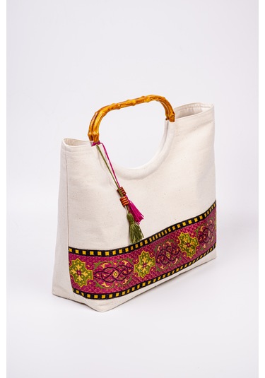 Fabric Craft Bag El Çantası Kanvas Etnik Dokuma Bordürlü Beyaz