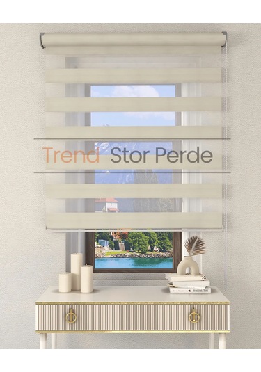 Geniş Plise Krem Etek Dilimsiz Zebra Stor Güneşlik Perde Krem