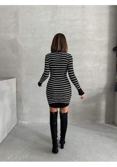 Kadın Çizgili Polo Yaka Mini Triko Elbise Siyah - Ekru