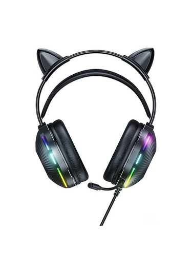 Rgb Işık Efektli, Gürültü Önleyici Mikrofonlu, 7.1 Sanal Çevresel Sesli, Kedi Kulaklı Oyuncu Kulaklığı - Siyah