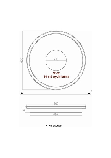 Tavan Led Avize Plafonia Orta Işıklı 60cm Siyah - Sarı