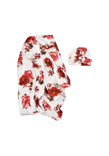 Neevoyu Yeni Doğan Bebe Örtüsü Ve Şapkalı Sarıma Bezi - Poliester Elbise - 80x80 Cm - Beyaz Üzeri Gül Desenli Çok Renkli