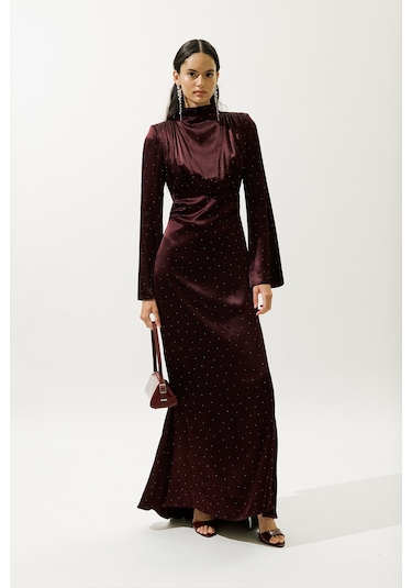 Mıla Taşlı Abiye Elbise Bordo Bordo