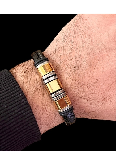 Gold&siyah Deri Ve Çelik Mixli Trend Erkek Bileklik 21 Cm Siyah - Altın