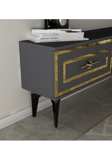 Violla Şömineli Tv Ünitesi Takımı Antrasit-altın