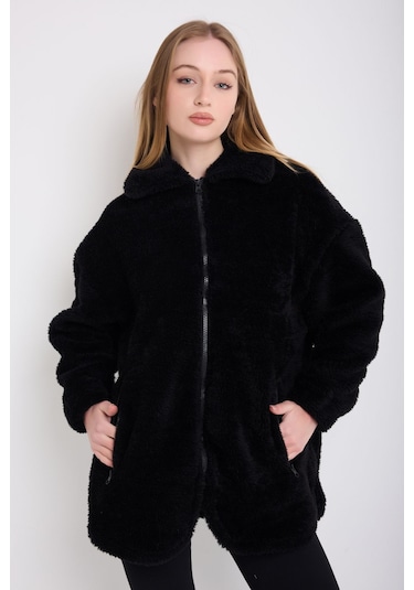 Kadın Siyah Peluş Rüzgar Geçirmez Welsoft Çift Cepli Kışlık Mont Kaban Siyah