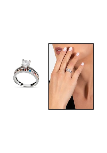 Multicolor Zirkon Taşlı Tek Sıra Tasarım 925 Ayar Gümüş Kadın Tek (475776641)