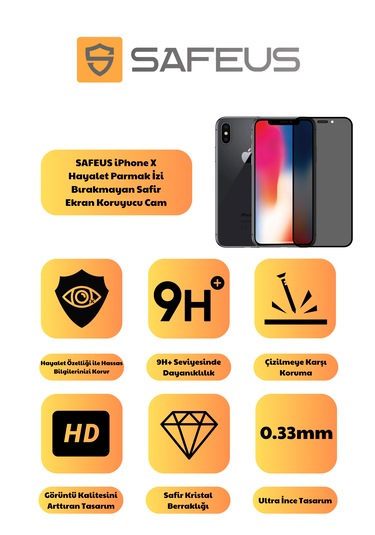 Safeus Tam Kaplayan Hayalet Parmak İzi Bırakmayan Safir Ekran Koruyucu Cam , İphone X İle Uyumlu