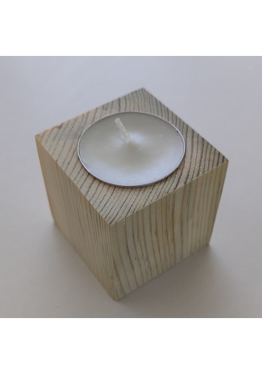 Doğal Ahşap Küp Mumluk 5 X 5 Cm Tekli Mum Dahil