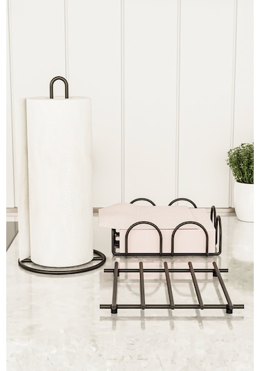 Bino Servis Sunum Seti Havluluk Peçetelik Nihale Paslanmaz Çelik Mat Siyah Metal 3 Lü Mutfak Seti