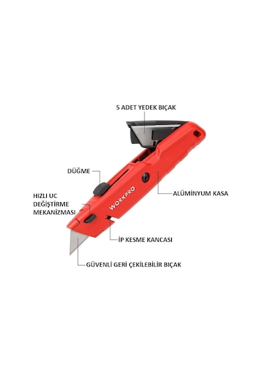 Workpro Wp213009 Ağır Hizmet Alüminyum Gövde Geri Çekilebilir Rötuş Maket Bıçağı + 5 Adet Yedek Bıçak Fr Wp213009