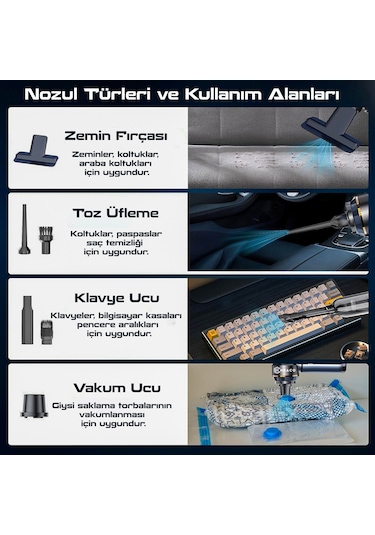 Enraco St-6659 Plus 16000pa Güçlü Portatif Taşınabilir Vakumlu Kablosuz Üflemeli Araç Süpürgesi