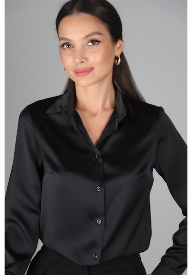 Sweetness Kadın Siyah Saten Gömlek Siyah