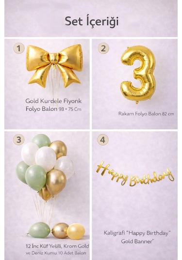 Gold Fiyonk 3 Yaş Doğum Günü Balon Seti Gold