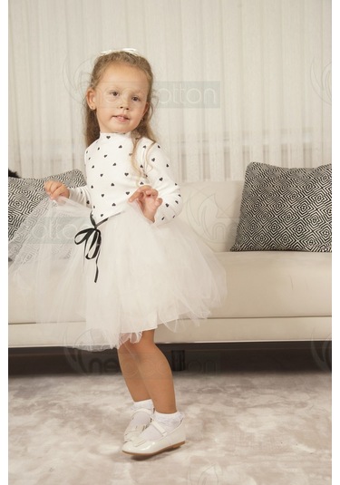 Kız Bebek-çocuk Uzun Kollu Doğum Günü Ve Özel Günler İçin Kalpli Tüllü Astarlı Elbise Beyaz