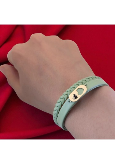 Archin Anne Sevgisi Temalı Doğal Yeşil Derili Kalp Motifli 14 Ayar Altın Plakalı Hediye Bileklik-556sembol Anne Ve Çocuk