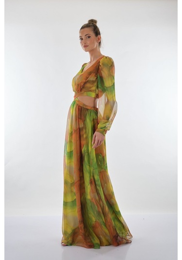 Explosion V Yaka Uzun Kol Maxi Şifon Elbise - Bohemian Stil Fıstık Yeşili