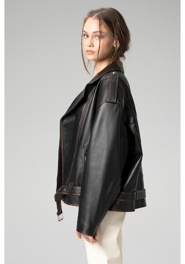 Dericlub Wm031 Oversize Biker Kadın Silme Deri Mont