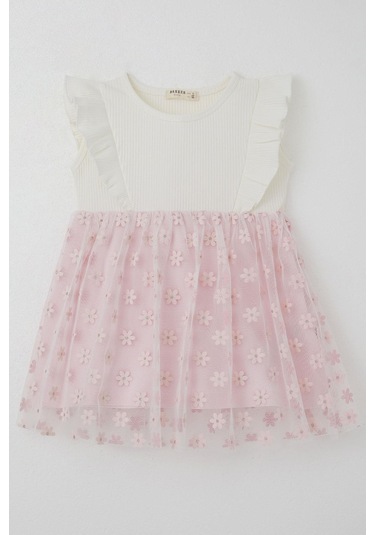 Breeze Kız Çocuk Elbise Eteği Çiçekli Tül Detaylı 3-8 Yaş, Ekru Ekru