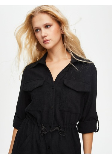 Kendinden Dokulu Şönil Gömlek Elbise 69228 U6922810 Siyah