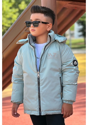 Erkek Çocuk Çıkarılabilir Kapüşonlu Baskılı Yakası Detaylı Kışlık Mont Km3501 Mint