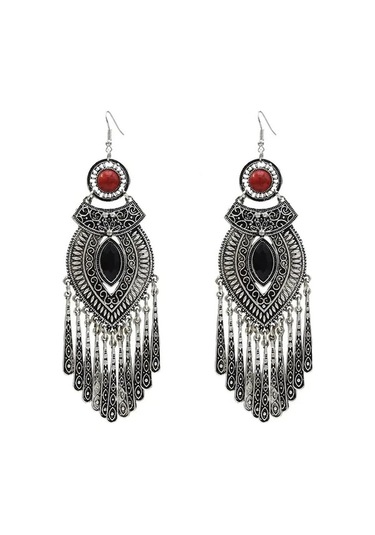 Ganzhoushop Vintage Uzun Tayland Siyah Siyah Renk Püskül Küpeleri Kadınlar Için Hint Gümüş Büyük Beyan Qs Moda Aksesuar Siyah