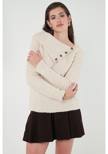 Lela Premium Regular Fit Kayık Yaka Düğme Detaylı Bayan Kazak 680Kz002563 Taş