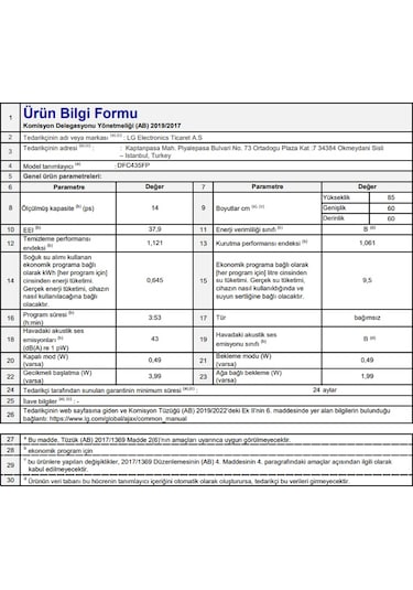 Lg DFC435FP 14 Kişilik 10 Programlı Bulaşık Makinesi