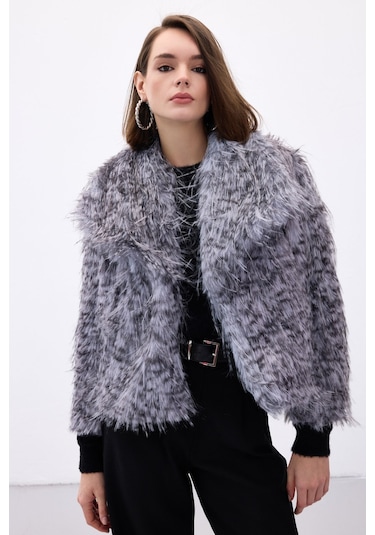Sateen Leopar Desenli Kürk - Gri-136711 Gri