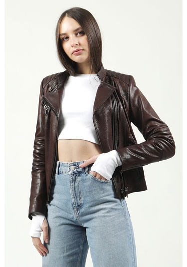 Dericlub Kasuka Jumbo Gerçek Deri Kadın Mont Kahve