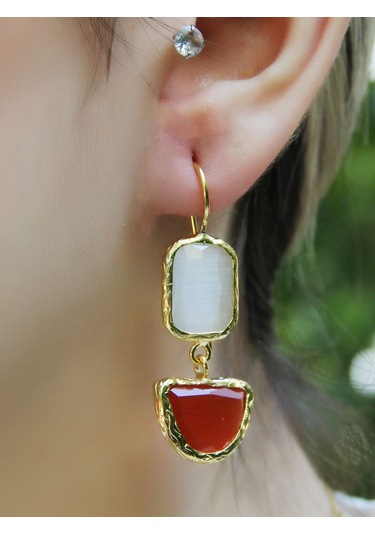 İkili Model Kedigözü Cam Sallantılı Kadın Küpe Euku26k Kırmızı