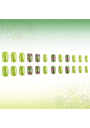 St. Patrick Günü Kısa Simli Parlak Takma Tırnaklar Yonca Çiçeği Taze Takma Tırnaklar 24 Parça Aletler Dahil Ys560