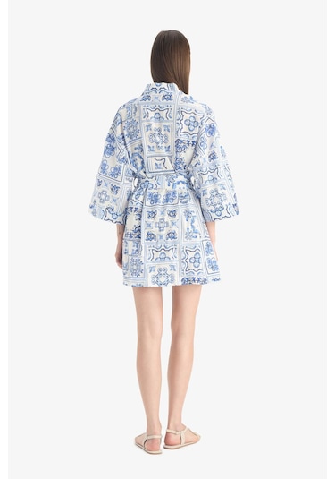 Defacto Regular Fit Desenli Kuşaklı Pamuklu Kimono-fall İn Love D0453ax25spbe758 Mavi