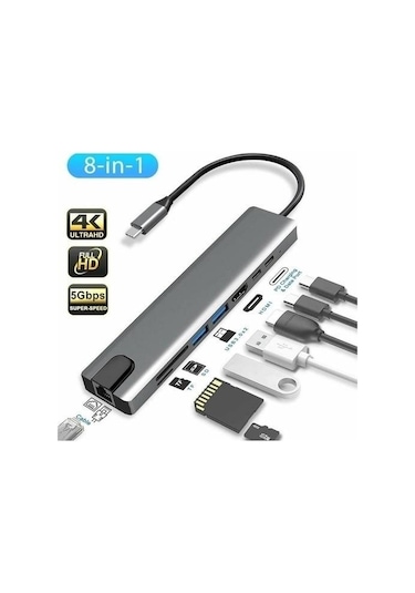 Maxgo 3008 8 in 1 USB Type-C  HDMI USB Ethernet Pd Girişli Port Adaptör Hub