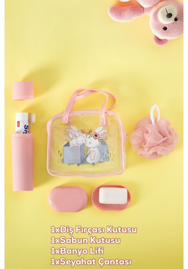 Porsima 3143 Tavşan Figürlü Seyahat Seti - Diş Fırçası Kutusu Banyo Lifi Sabun Kutusu Seyahat Çantası Pembe