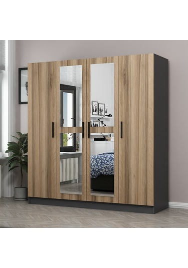 Minar Kale 4 Kapaklı 2 Aynalı 2 Çekmeceli Dolap Antrasit Dore 210cm Çok Renkli