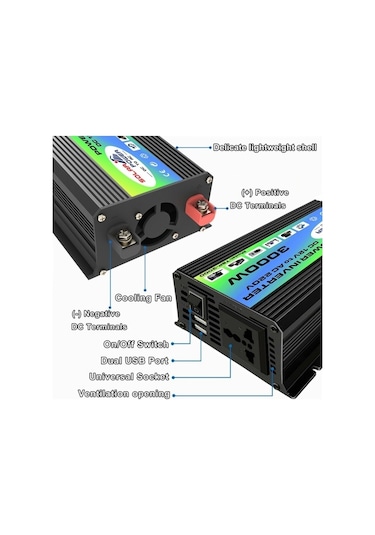 Wondernest Tang I Nesil 12v - 110v 3000w Çift Usb'li Akıllı Araç İnvertörü Siyah