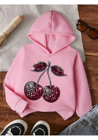 Kışlık Kapüşonlu Sweatshirt, Çocuk Pırlanta Kiraz Baskılı Pembe