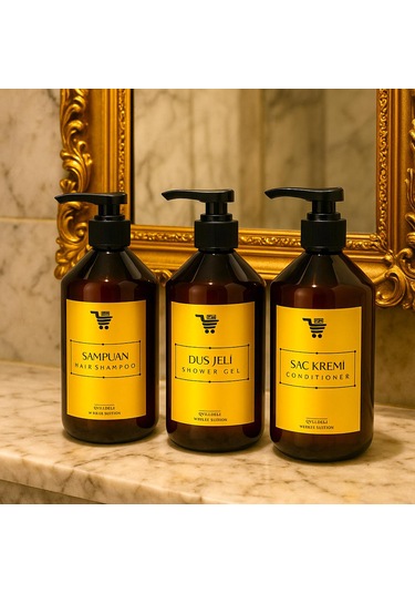 Banyo Seti 3lü Set Saç Kremi Banyo Jeli Şampuan Şişesi 500 Ml Açık Kahverengi