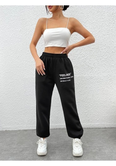 Feelings Jogger Eşofman Altı - Siyah Baskılı Lastik Paça Yüksek Bel Lastik Bel Siyah