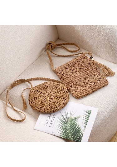 Chuangyinshop 1 Adet El Yapımı Bohem Çapraz Sırt Çantası - Bej Kare Sabit Kayış Bej