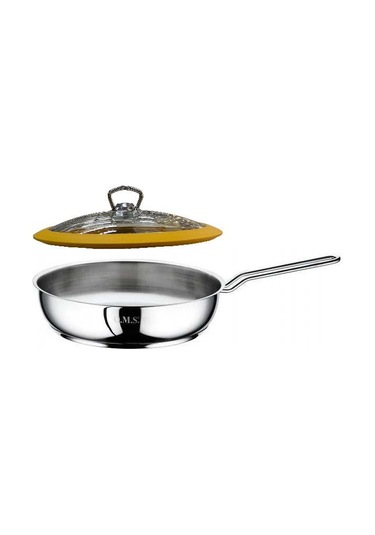 Oms Çelik Tava 26x6 Cm Silikonlu Cam Kapaklı - Sarı Gri