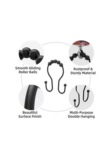 12 Adet Duş Perdesi Kancası, Duş Perdesi Halkaları Siyah Siyah