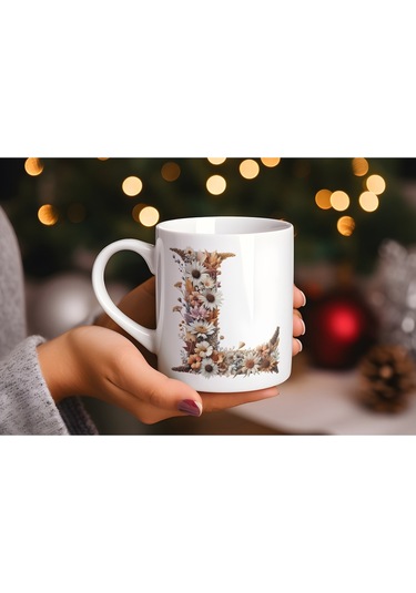 L Harfi Çiçek Desenli Kupa Bardak - Alfabe Harfleri İle Doğal Çiçekli Kupa - Hediye Fikir Beyaz