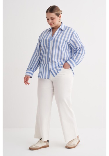 V Yaka Çizgili Gömlek-6241 Mavi