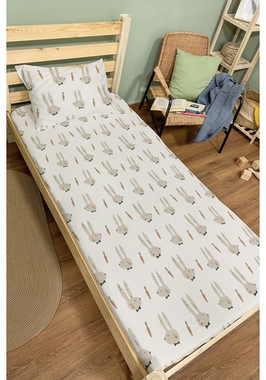 Organik Tek Kişilik Lastikli Çarşaf Seti - Papyonlu Tavşan Renkli