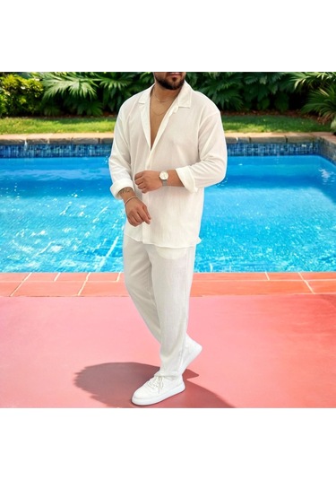 Erkek Bürümcük Krinkıl Kumaş Yazlık Likralı Apaj Yakalı Gömlek Ve Eşofman Takım Kombini Beyaz