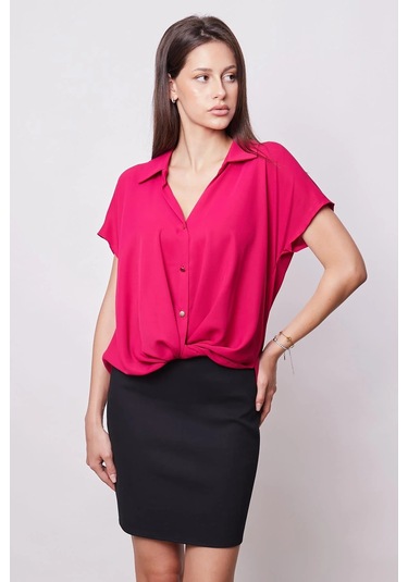 Likrasız Şık Kumaş Yakalı Düşük Omuzlu Önü Pileli Gömlek-vişne Vişne